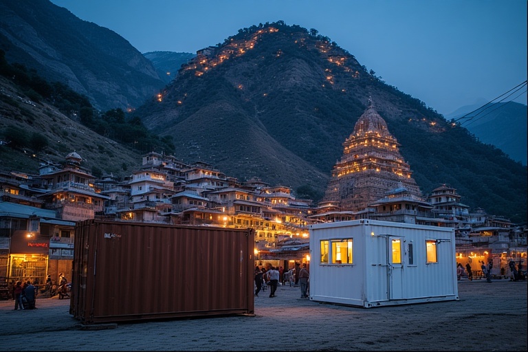 Premium MS containers and portable cabins with Uttarakhand mountain backdrop